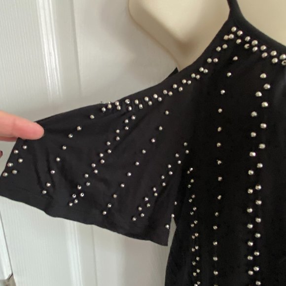 Black Cold Shoulder Silver Embellished Shirt - Picture 4 of 5